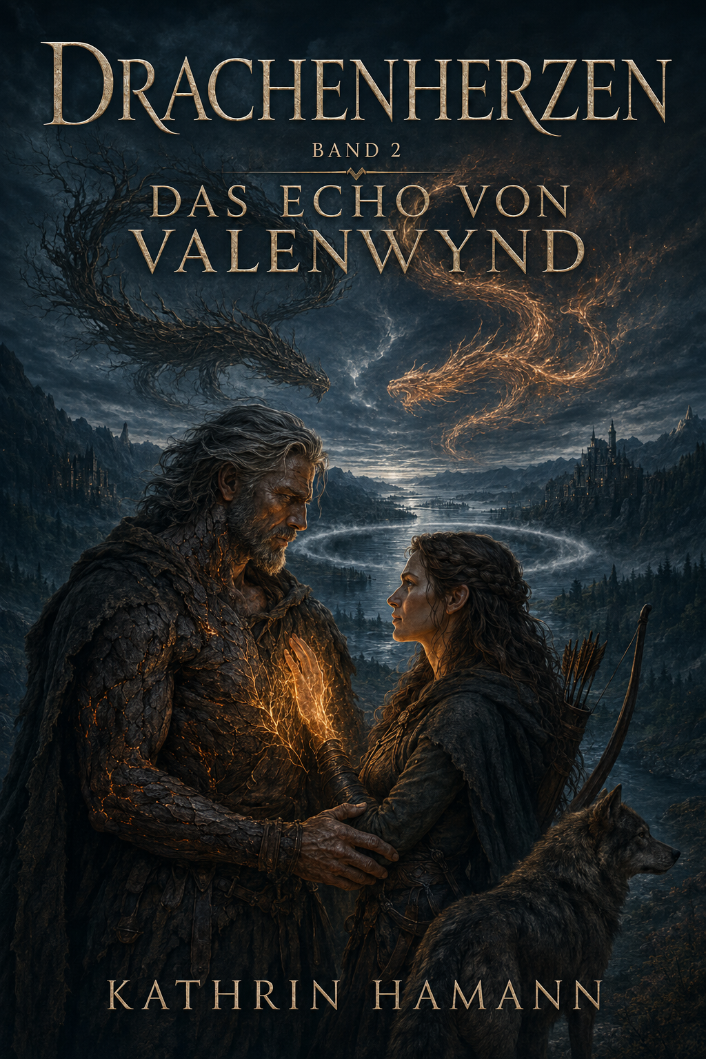 Buchcover Drachenherzen Band 2 — Das Echo von Valenwynd: zwei Gestalten Hand in Hand vor einem leuchtenden Portal, darüber zwei sich umkreisende Drachen aus Feuer und Schatten.