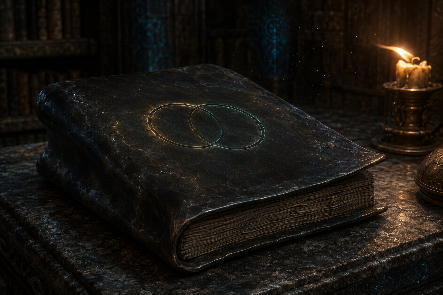 Ein tiefschwarzes, in warmes Kerzenlicht getauchtes Buch auf einem alten Steintisch. Der Einband wirkt wie glattes Vulkanglas mit einer hauchdünnen, lebenden Membran; unter der Oberfläche ziehen feine, adrige Linien wie ein sehr langsamer Atemzug. In die Deckelmitte sind zwei ineinandergreifende Kreise vertieft — einer glimmt gedämpft goldwarm, der andere in einem grünlich-saphirfarbenen Schimmer.