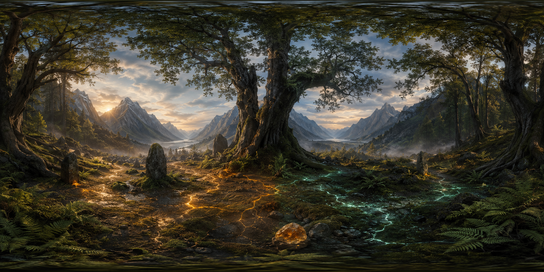 Das Alte Herz — ein uralter Wald aus Eisenmark-Eichen, in dem Lichtflecken auf moosbedecktem Boden tanzen und die Stille wie eine Stimme klingt.