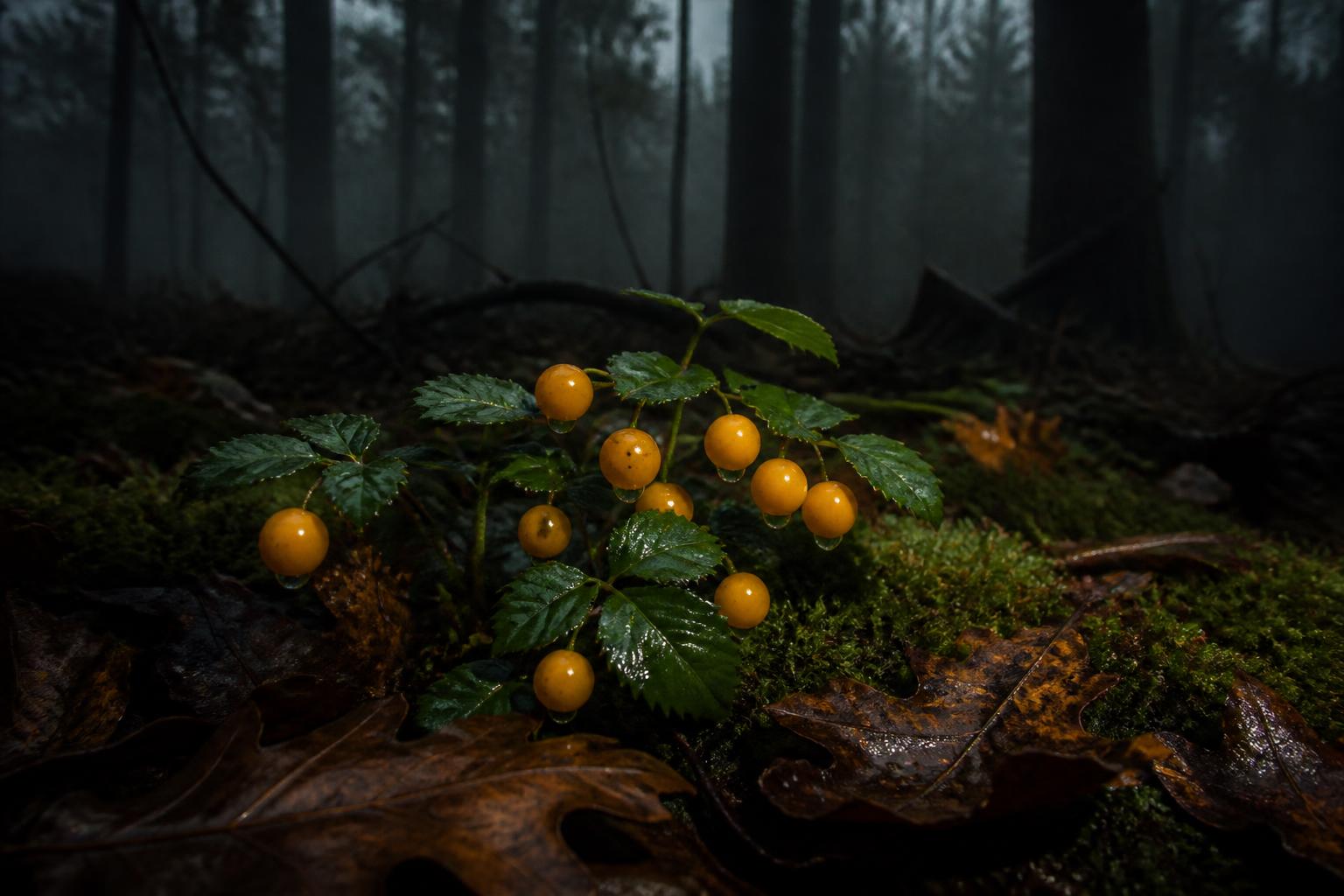 Niedrige Waldpflanze mit haselnussgroßen, leuchtend gelben Beeren zwischen dunklen, feucht glänzenden Blättern auf moosigem Waldboden — im Hintergrund verschwimmt ein nebliger Nadelwald in dunklem Zwielicht.