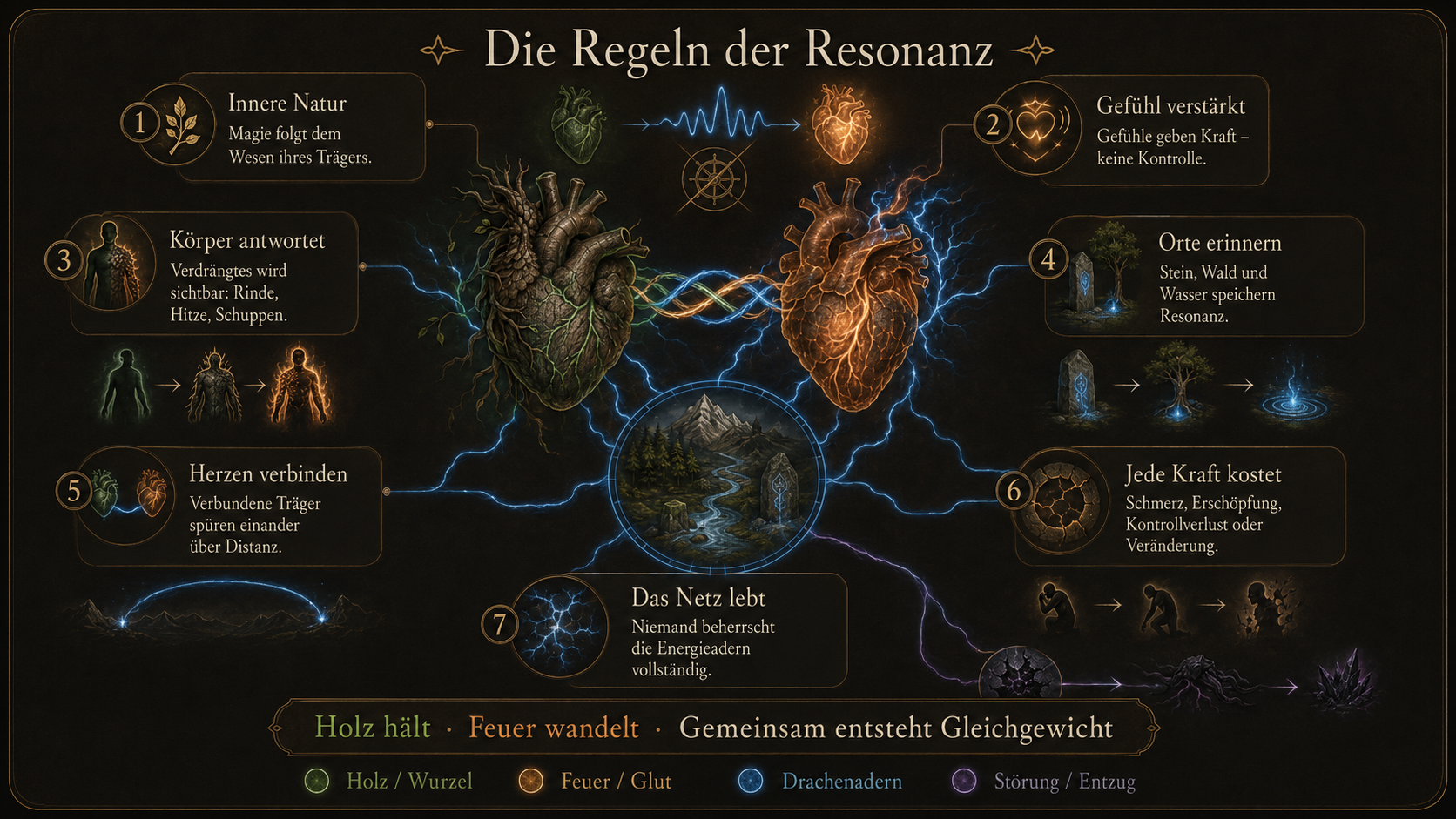Illustrierte Übersicht der sieben Regeln der Resonanz: Innere Natur, Gefühl verstärkt, Körper antwortet, Orte erinnern, Herzen verbinden, Jede Kraft kostet, Das Netz lebt.