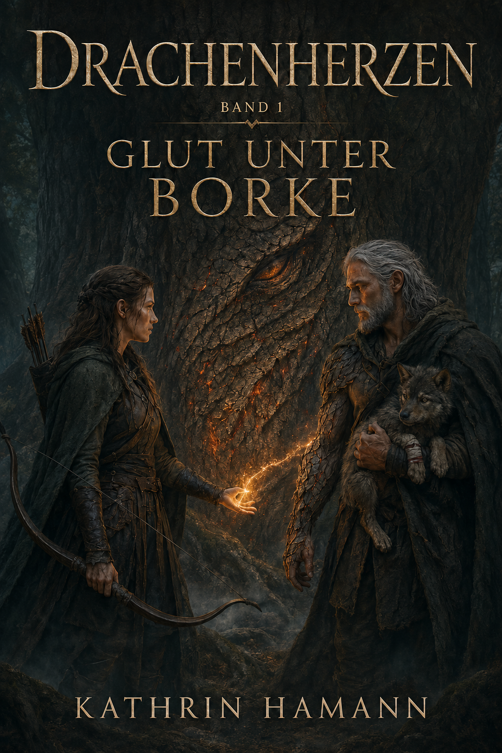 Buchcover Drachenherzen Band 1 — Glut unter Borke: eine Bogenschützin mit Bogen und ein Mann mit einem Wolfswelpe im Arm stehen vor einem uralten Baum, in dessen Borke ein glühendes Auge aus Bernstein und Glut erwacht.