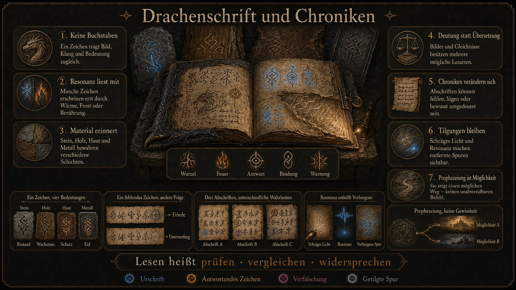 Illustrierte Übersicht zur Drachenschrift: alte Folio mit fünf Beispielzeichen (Wurzel, Feuer, Antwort, Bindung, Warnung), Bedeutungswandel in Stein, Holz, Haut und Metall, Tilgungen, abweichende Abschriften und verzweigte Prophezeiungen.